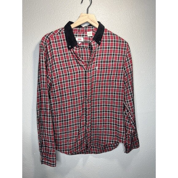 Womens Levis Shirt Red Plaid Corduroy Collar Flannel Button Up Size Small - Picture 1 of 5